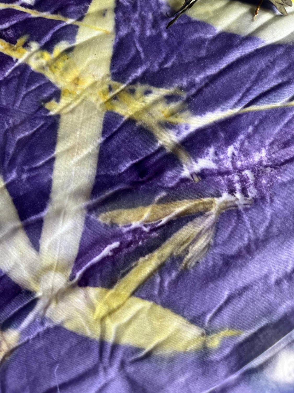 Ecoprint viola e giallo con foglie di bambù su seta naturale — stampa botanica natuRa.Ely